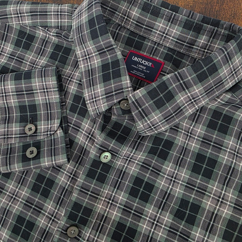 UNTUCKit Devitt WF Button Down Shirt Mens Large Tall Black Green Plaid Tall Fit